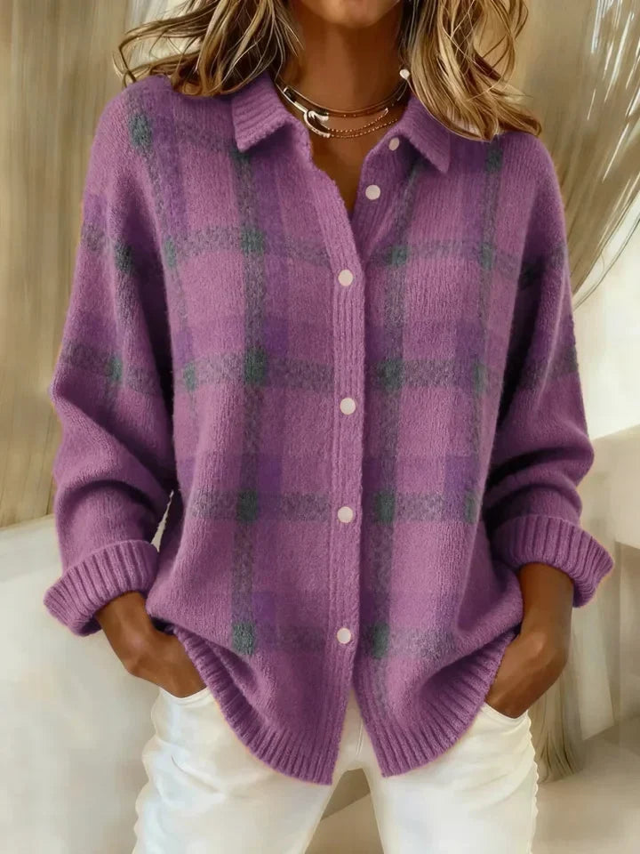 Anny - Pull Décontracté en Maille à Carreaux Avec Boutons
