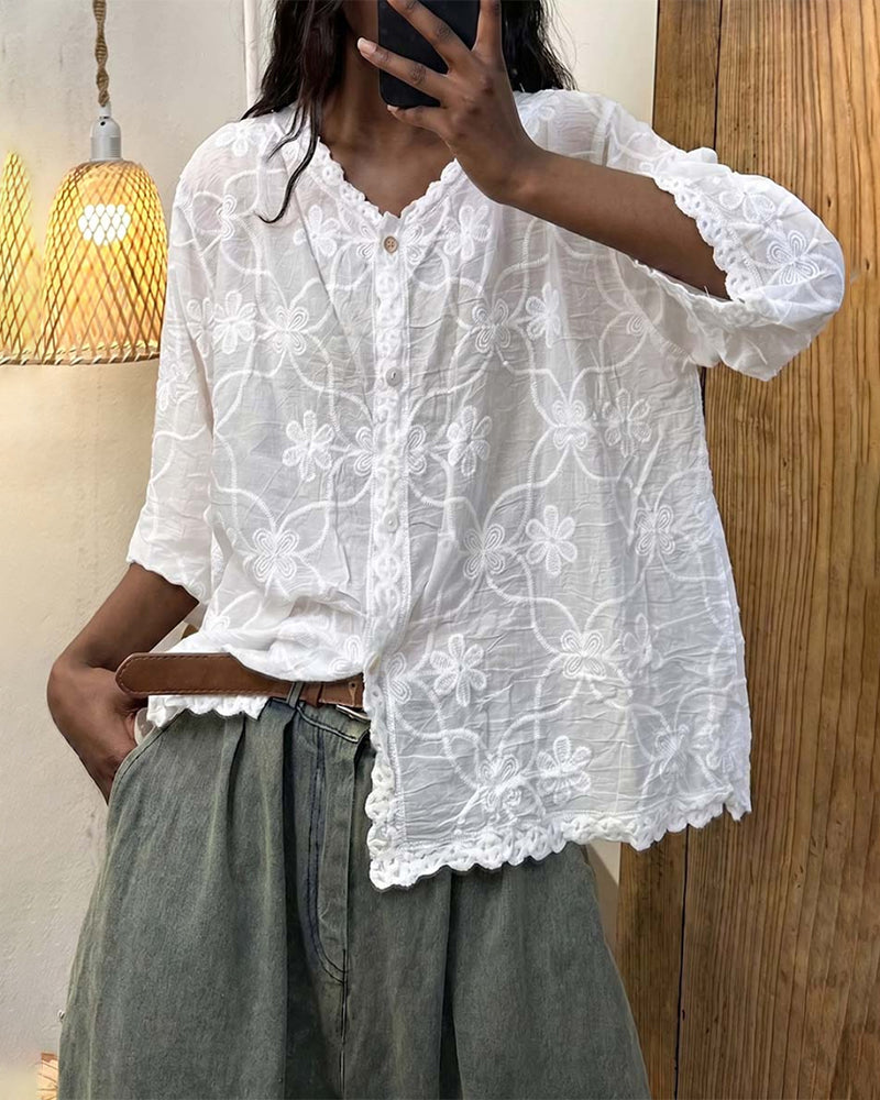 Guinwa - Chemisier En Dentelle à Manches Trois-Quarts