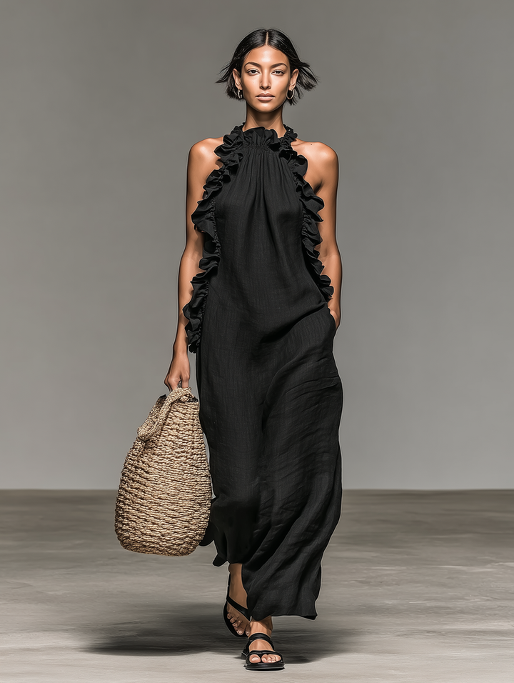 Fiora - Robe Longue Sans Manches À Volants, Col Licou Et Poches