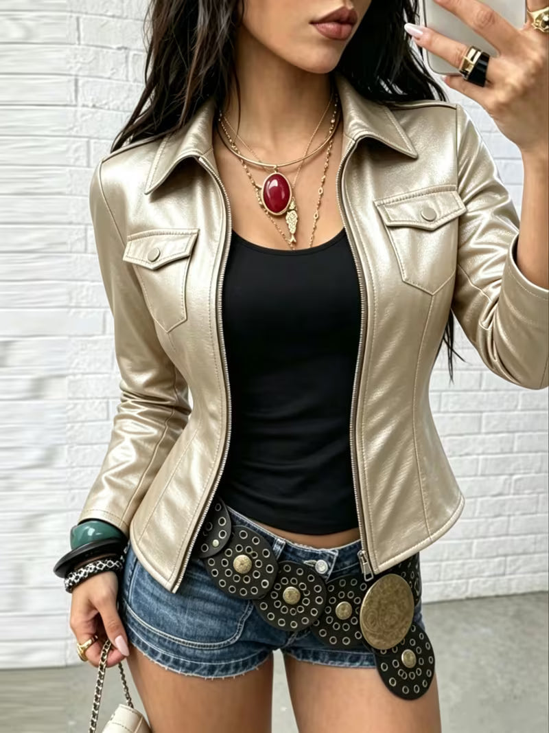 Shiona - Veste en Cuir Avec Poches Avant
