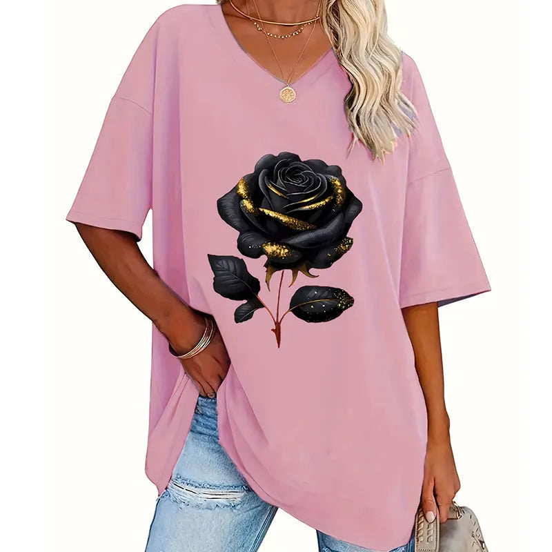 Aijia - T-chemise À Col en V Imprimé Roses