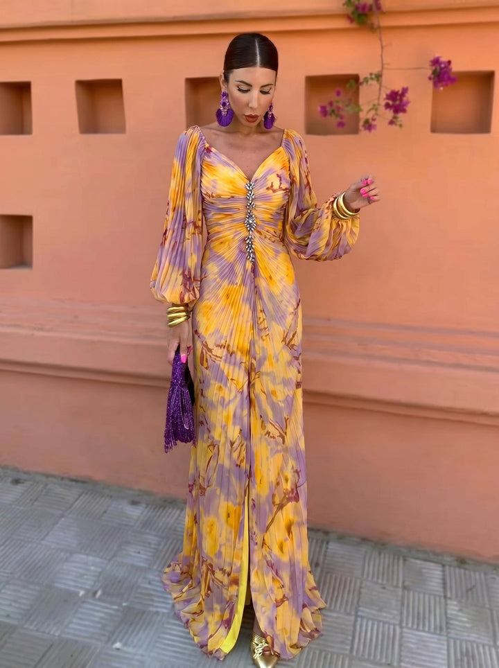 Calvillo - Robe Longue À Manches Longues, Plissée Et À Motif Floral