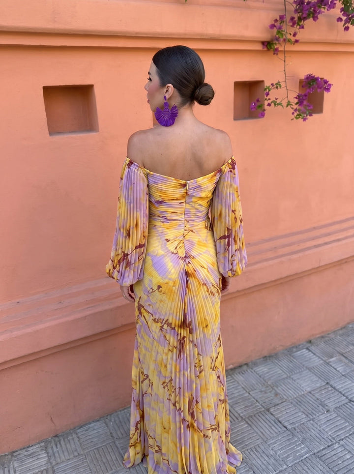 Calvillo - Robe Longue À Manches Longues, Plissée Et À Motif Floral