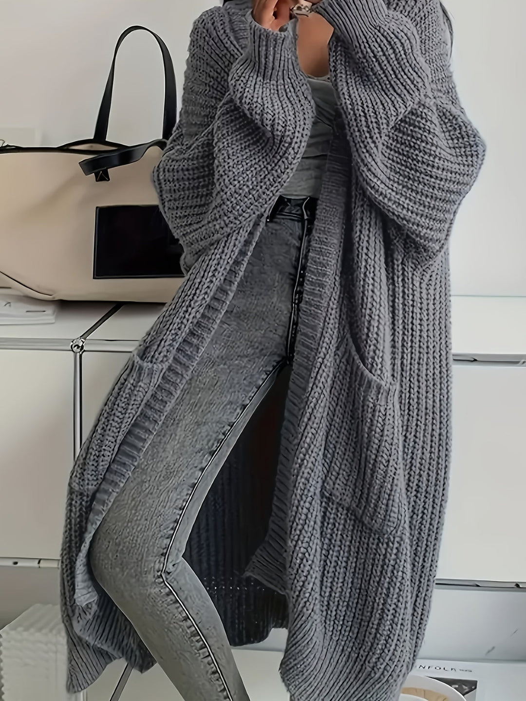 Ludivine - Cardigan Long en Maille Confortable Ouvert Sur Le Devant Avec Poche