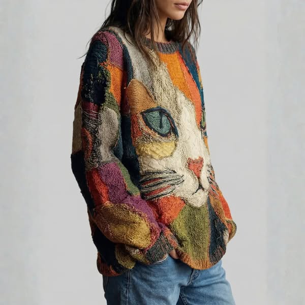 Chaya - Haut Décontracté Et Artistique À Motif Patchwork Représentant UN Visage De Chat