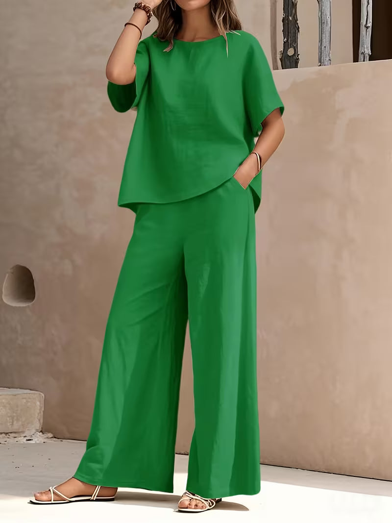 Josy - Ensemble Pantalon à Jambes Larges et Haut à Manches Courtes