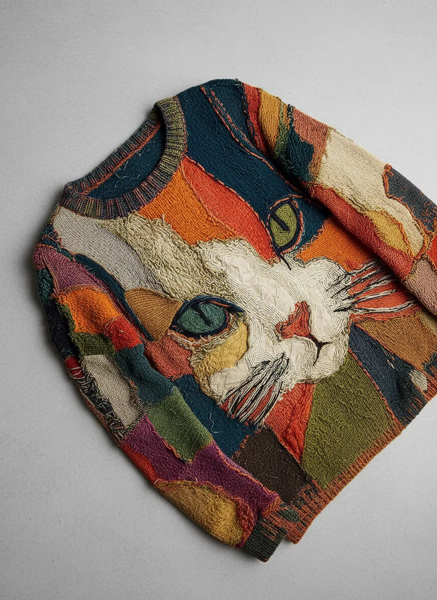 Chaya - Haut Décontracté Et Artistique À Motif Patchwork Représentant UN Visage De Chat