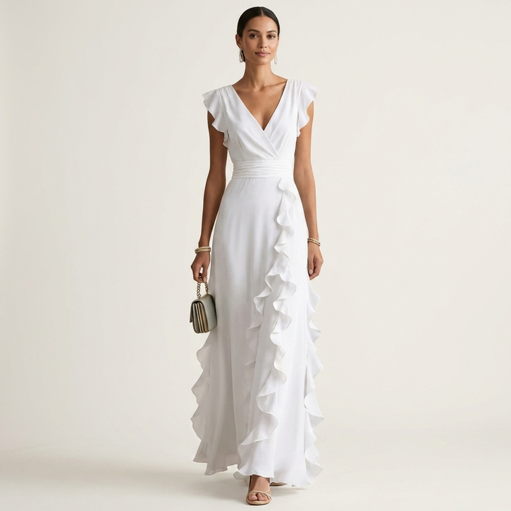 Nellyana - Robe Longue Décontractée À Col en V Manches Flottantes et Volants