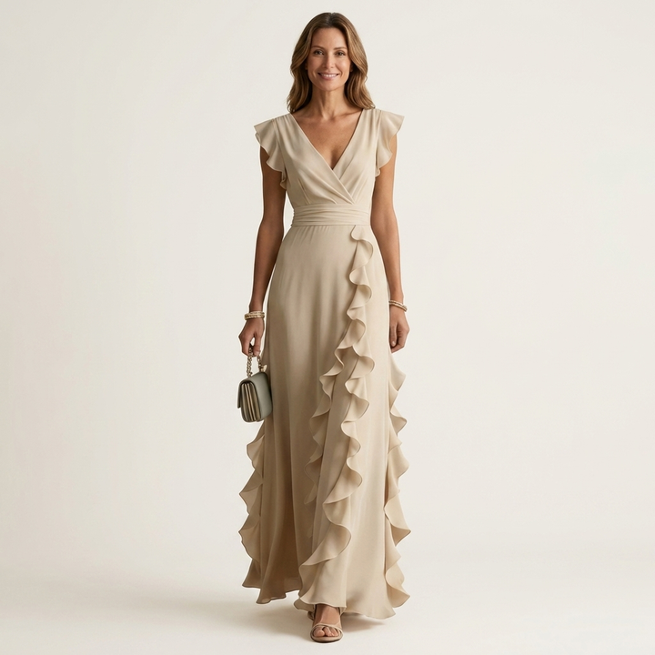 Nellyana - Robe Longue Décontractée À Col en V Manches Flottantes et Volants
