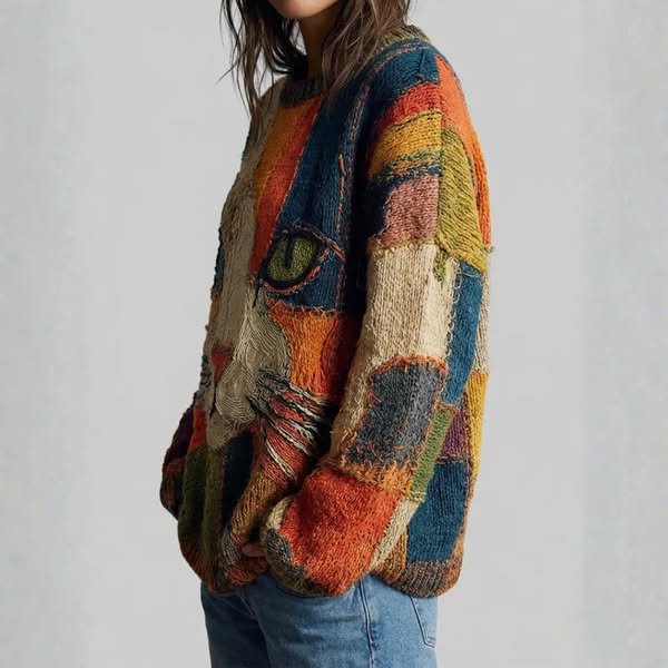 Chaya - Haut Décontracté Et Artistique À Motif Patchwork Représentant UN Visage De Chat