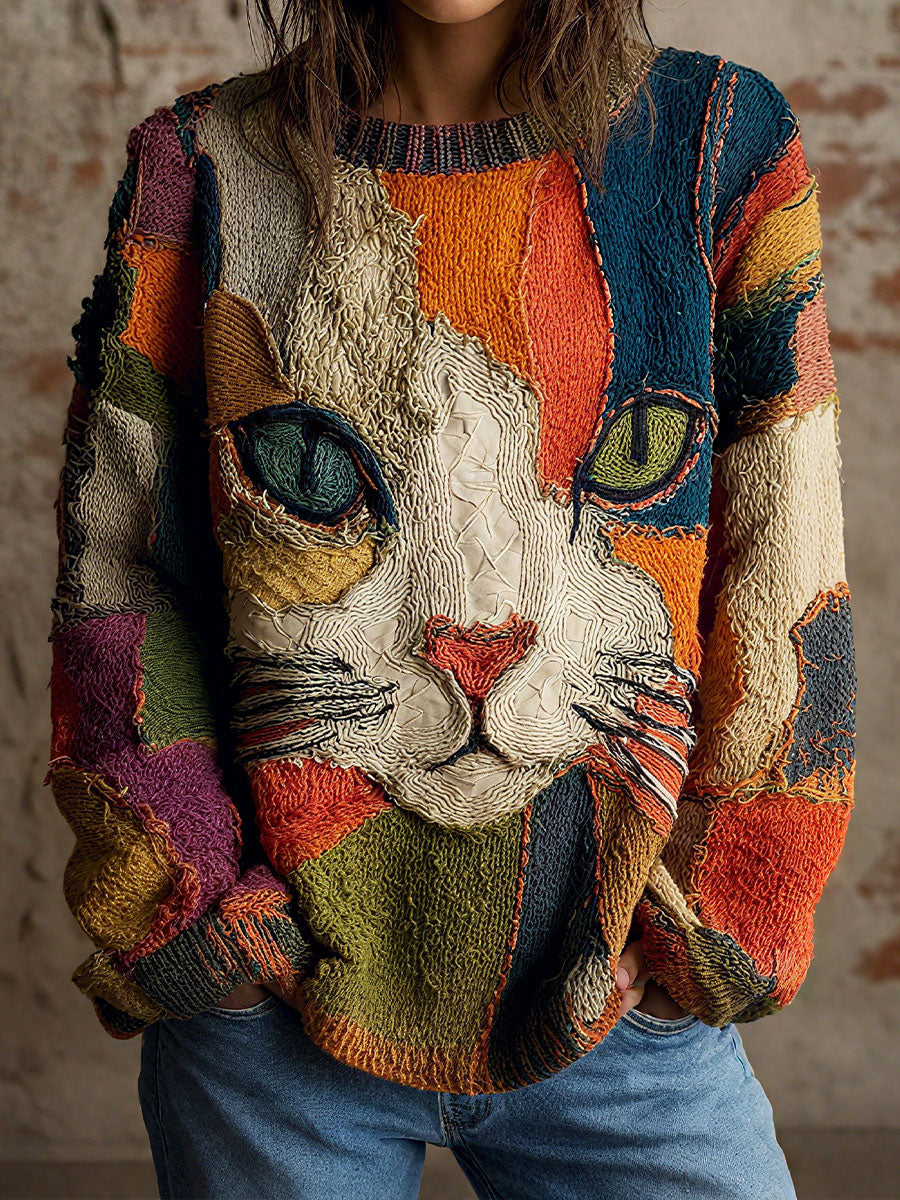 Chaya - Haut Décontracté Et Artistique À Motif Patchwork Représentant UN Visage De Chat