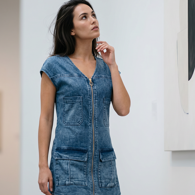 Esinila - Robe En Jean à Manches Courtes et Fermeture éclair