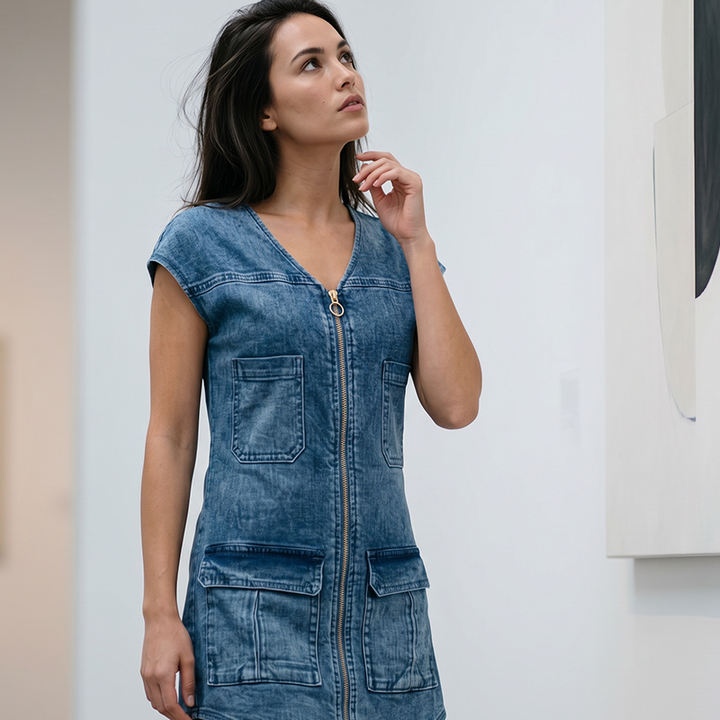 Esinila - Robe En Jean à Manches Courtes et Fermeture éclair