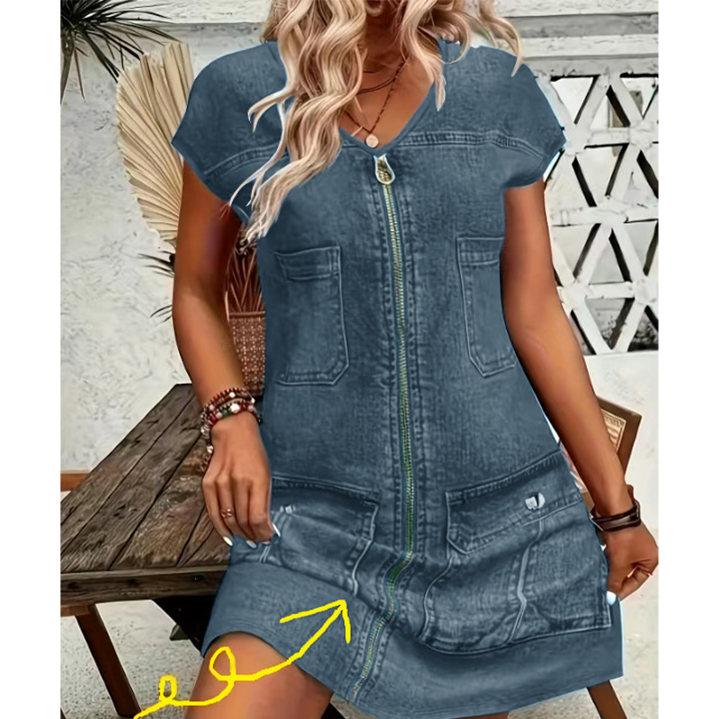 Esinila - Robe En Jean à Manches Courtes et Fermeture éclair
