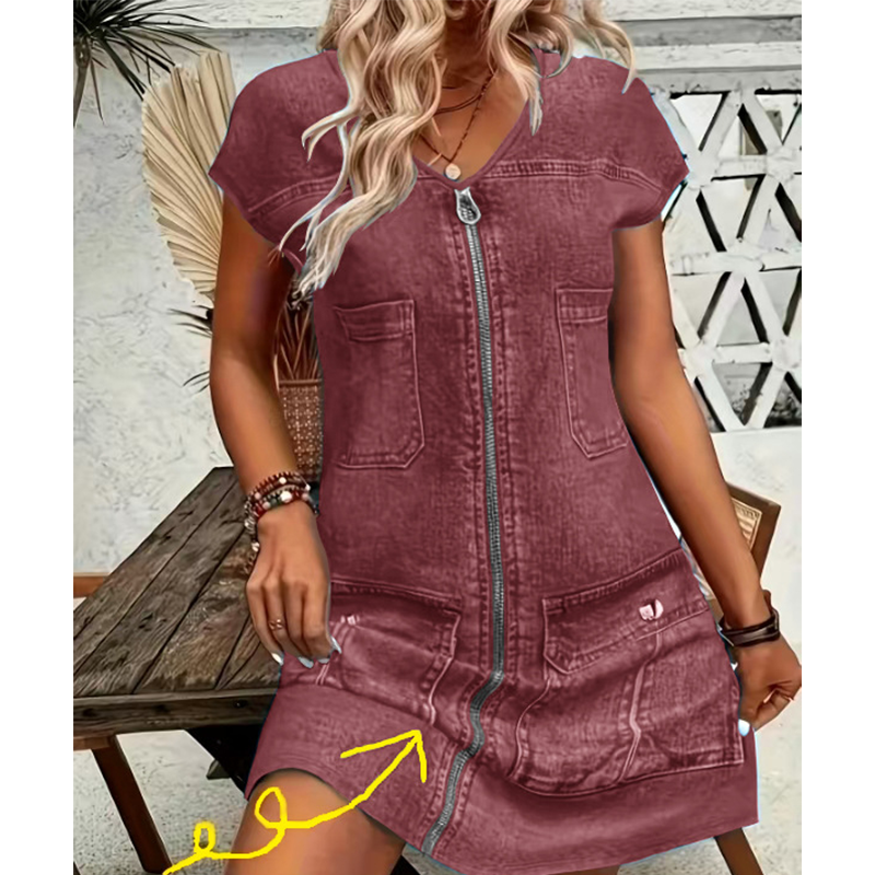 Esinila - Robe En Jean à Manches Courtes et Fermeture éclair