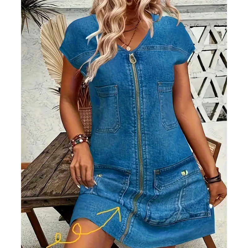 Esinila - Robe En Jean à Manches Courtes et Fermeture éclair