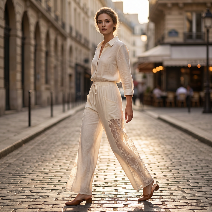Qerina - Pantalon Orné d'empiècements En Dentelle Florale Délicate