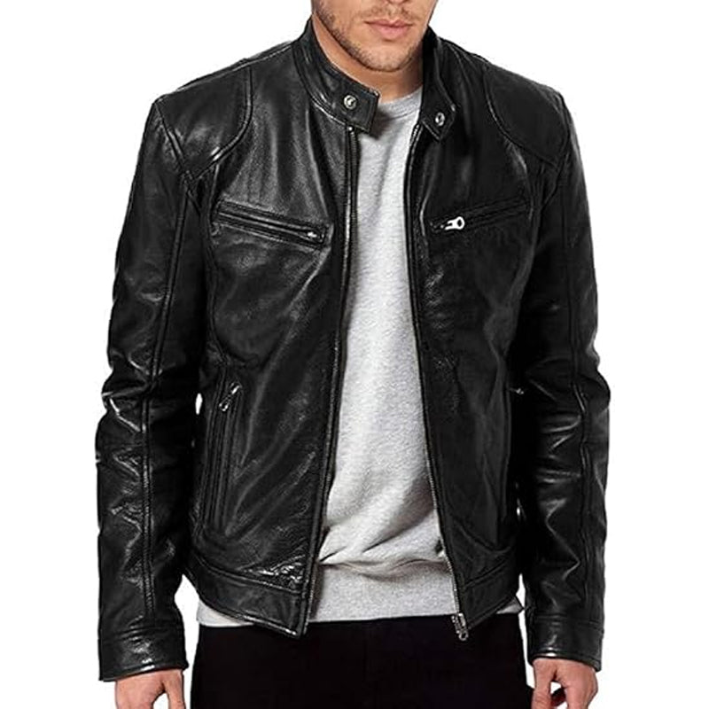 Emanual - Veste en Cuir à Col Montant et Fermeture éclair