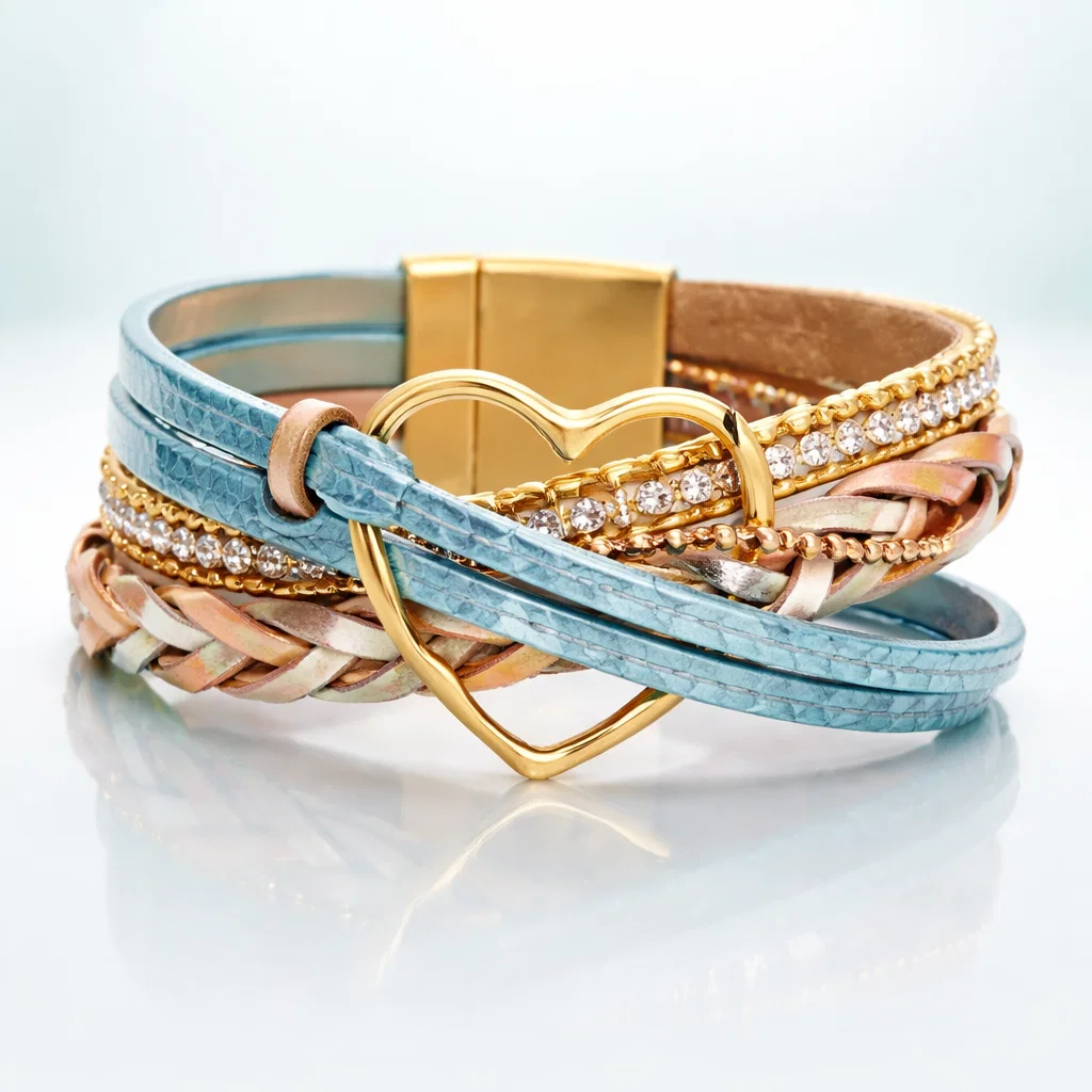 Reyn - Bracelet en Cuir Superposé Avec Breloque en Forme De Cœur