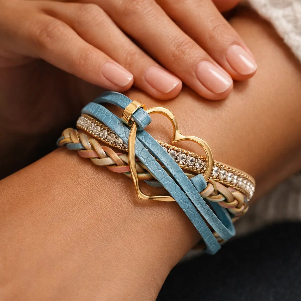 Reyn - Bracelet en Cuir Superposé Avec Breloque en Forme De Cœur